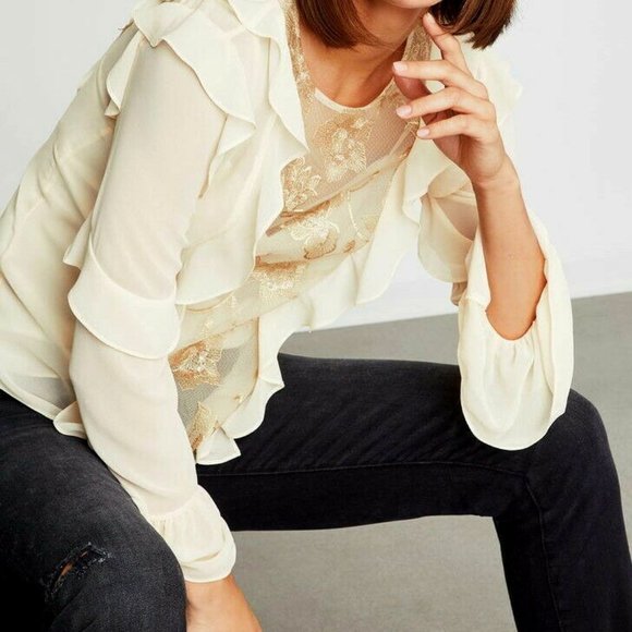 New* BCBG MAXAZRIA Floral Embroidered Ruffle Top Cream/Gold Color Size XS $228 - Picture 7 of 7